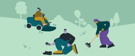 Teckning av personer som klipper gräs, gräver i jorden och krattar.