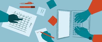 Illustration av två som arbetar med dator och papper