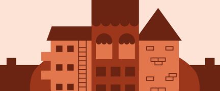 Tecknade byggnader i olika nyanser av rött.