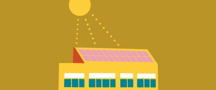 Teckning av gul byggnad med solceller på taket, och en sol som lyser ner på dem.