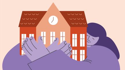 En teckning av en stor, lila kvinna som kramar en röd skolbyggnad.