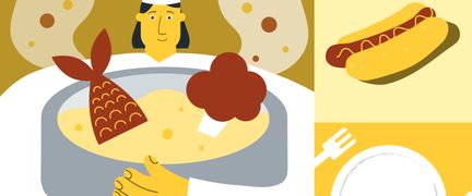 Tredelad teckning med en person som kramar om en gryta med mat i, en korv i bröd och en tallrik med bestick.