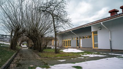 En väg utanför Hinnebäcksskolan med lutande träd som är formade som ett tak ovanför vägen. Snö och fler byggnader kan ses i bakgrunden.