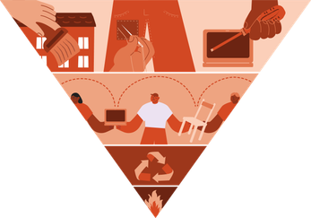 En upp-och-nedvänd pyramid med bilder på hus, möbler, IT-produkter. Illustration.