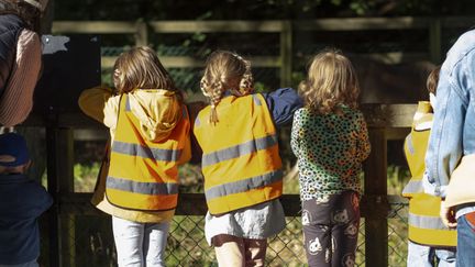 Tre barn står vid stängslet till en hästhage.