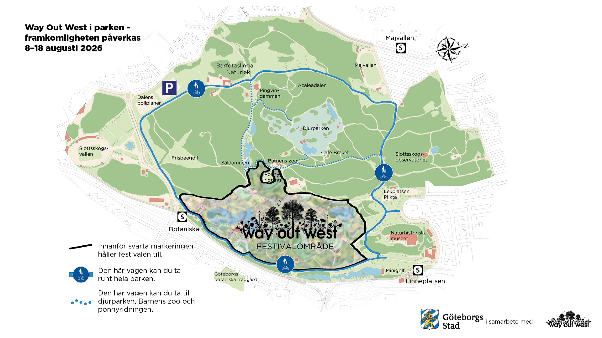 Way Out West i parken påverkar framkomligheten den 8–18 augusti 2026