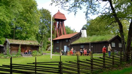 Brunt trähus bakom ett trästaket, med gräs och mossa på delar av taket.