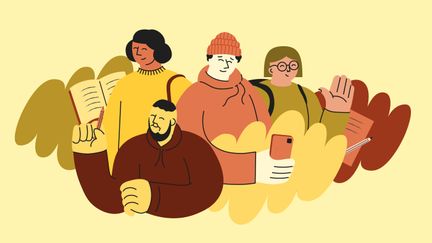  Fyra personer i halvkropp bland dekorativa moln. Runtom syns papper, böcker och skärmar.