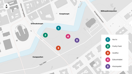 Ljusinstallationernas placering på en karta över Kungsparken.