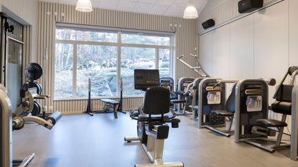 Styrketräningsmaskiner i luiftigt gym med stora fönster mot natur
