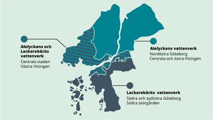 En kartbild över Göteborg som visar vilken del av staden som försörjs av vilket vattenverk