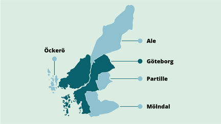 Karta som visar de kommuner som Göteborg helt eller delvis försörjer med dricksvatten, det vill säga Öckerö, Mölndal, Partille och Ale kommuner.