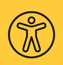 Symbol för tillgänglighet med en person med utsträckta armar och ben. 
