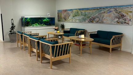 Fåtöljer, en soffa och ett stort akvarium i bakgrunden.