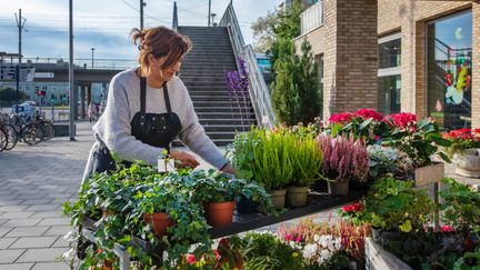 en person som iordningställer försäljning av blommor.