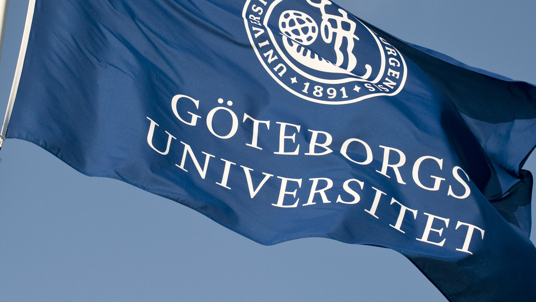 Göteborgs universitets flagga med symbol på