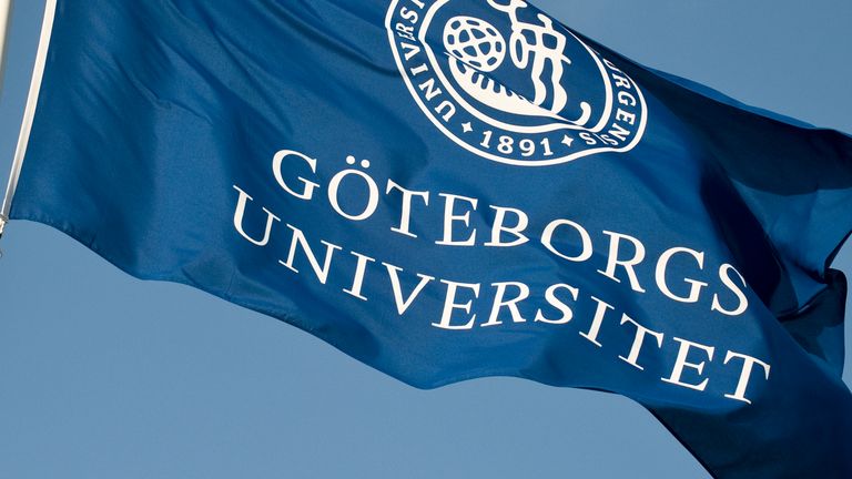 Göteborgs universitets flagga med symbol på