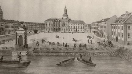 Vy över Stora torget 1835, med Kaulbarska huset längst till höger på den norra sidan.
