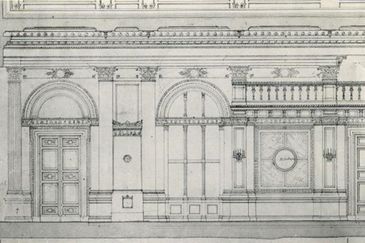 Tuschritning av inredningen i Festivitetssalen (nuvarande Stora Börssalen), av Pehr Johan Ekman 1846.