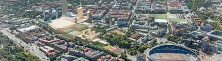 Flygbild över evenemangsområdet med Ullevi i förgrunden och det planerade området i en ljusgul nyans i form av klossar.