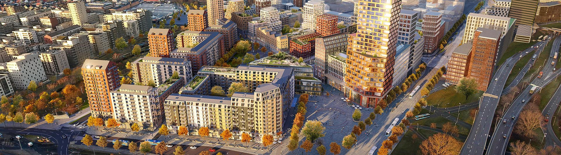 Visionsbild över vy Backaplan i framtiden. Höga hus, park, trafikleder, spårvagnar genom området.