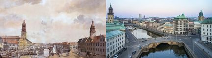 Historisk vy över Göteborgs stadskärna plus vy från i dag