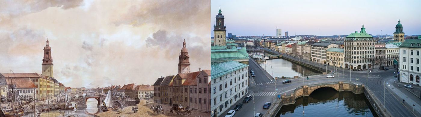 Montage med bild av stadskärnan från 1600-talet och hur det ser ut i dag