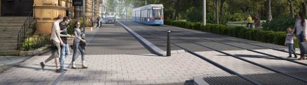 En spårvagn syns i mitten på bilden med bilgata på ena sidan och människor som går över gatan