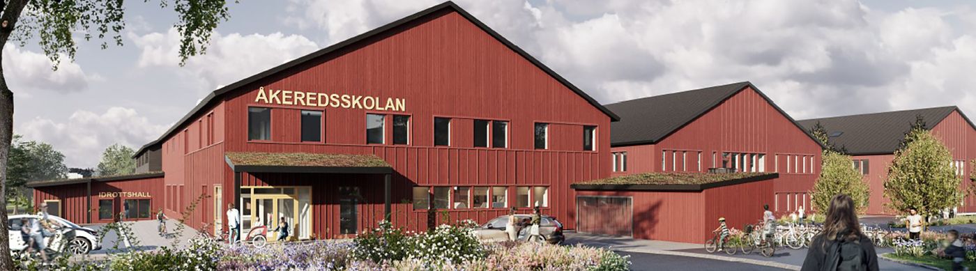 Skiss av Åkeredsskolan. Skolbyggnaden har en röd fasad och gul entré.
