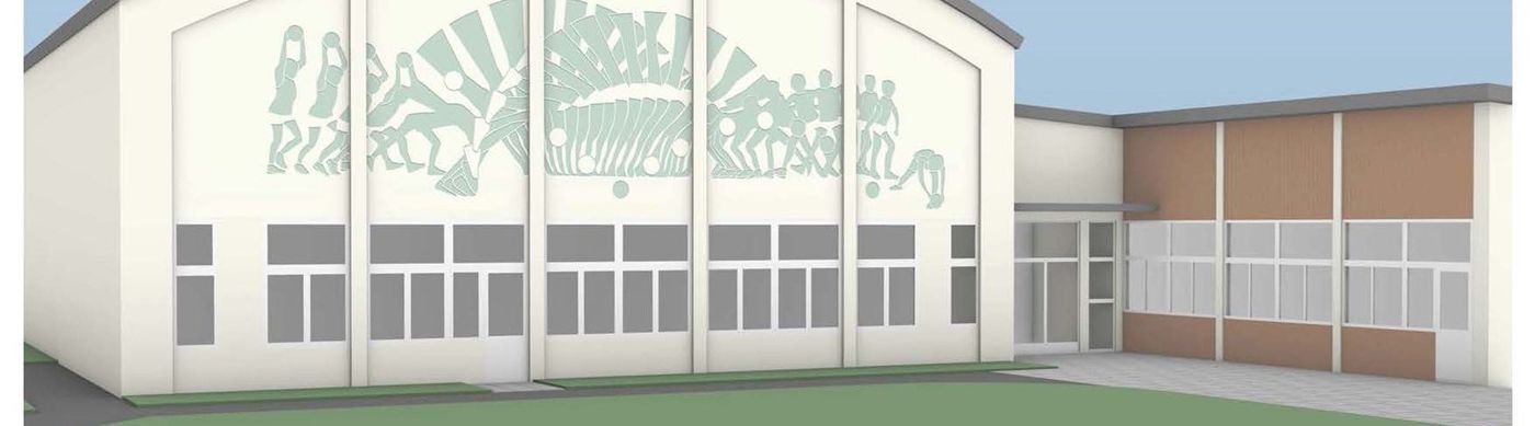 Idrottshall med vit fasad. På fasaden finns ett ljusgrönt konstverk som gestaltar lekande barn.