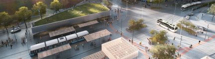 Visionsbild över Korsvägens ombyggnad. Området har en nybyggd station med grönt tak.