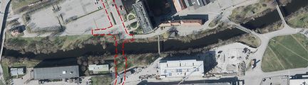 Kartbild av hur förlängsningen av Hornsgatan ska se ut, ett område som sträcker sig över Säveån