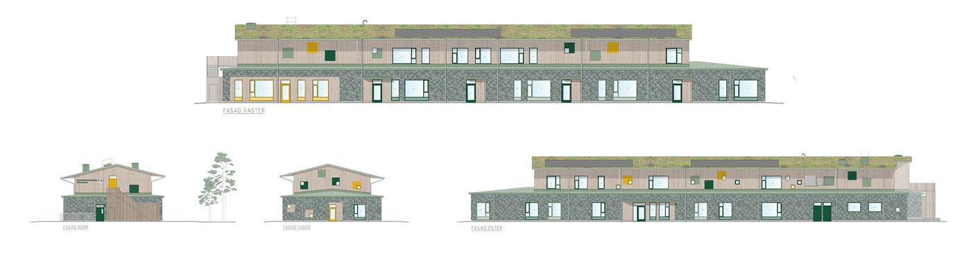 Tre skisser av förskolan Svartedalsgatan från fyra olika vinklar. Byggnaden har en fasad med grönt tegel, träpaneler och mossigt tak.