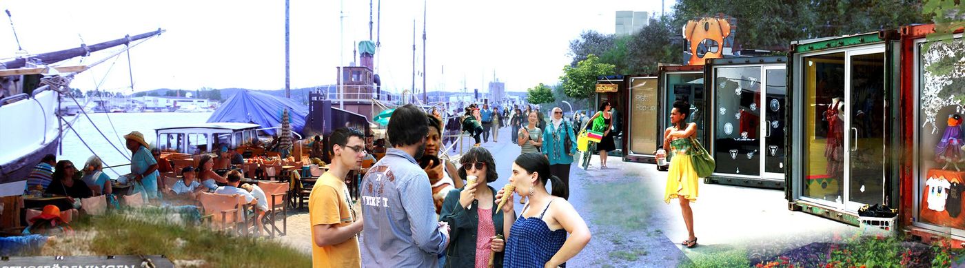 Visionsbild av Gullbergsvass. På bild visas en paradgata med butiksverksamheter. I förgrunden står en grupp människor och pratar.