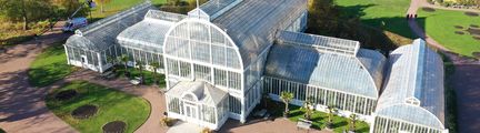 Bild på Palmhuset i Trädgårdsföreningen - stor vit byggnad med mycket glas
