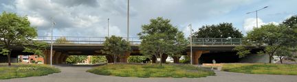 Gångtunnel med gång- och cykelbana igenom. Gräsmattor med ängsblommor framför och träd med löv. Visionsbild: WSP