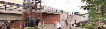 Visionsbild av Brunnsbo station med planskilda korsningar för pendeltåg och gångtrafik.