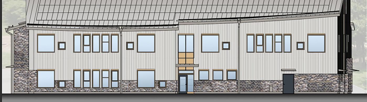 Visionsbild av Förskolan Litteraturtorget 5. Förskolan är en avlång grå byggnad med gula fönsterdetaljer.