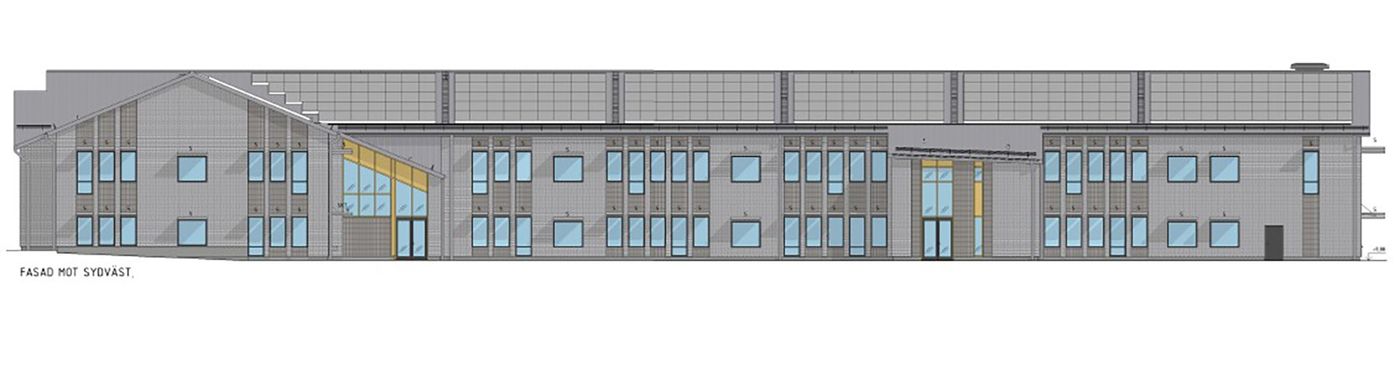 Visionsbild av Brunnsboskolan. Skolan är en avlång byggnad med grå fasad.