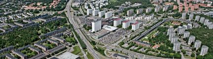 Flygvy över Frölunda-Högsbo byggnadsområde med genomgående vägled.