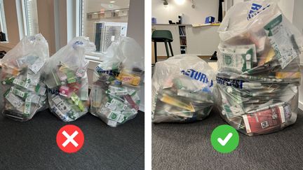 Den vänstra bilden visar förpackningar som inte är tillplattade och ligger i plastsäckar. Bilden är markerad med ett rött kryss för att visa att det är fel. Den högra bilden visar tillplattade paket i plastsäckar med en grön markör.