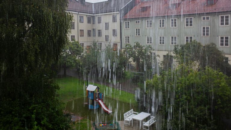 Genom ett fönster syns ett kraftigt regn på en grönskande innergård. 