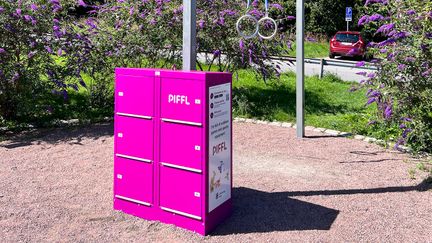 Rosa skåp med texten Piffl. Skåpet står i ett utegym, romerska ringar syns i bakgrunden.