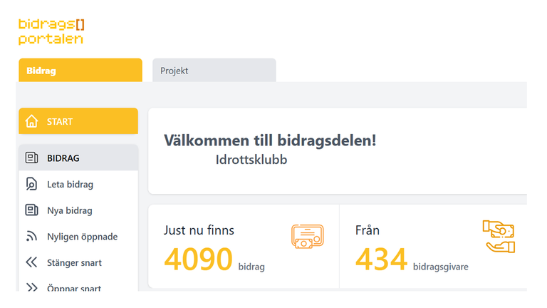 En bild som visar hur Civilsamhällesportalen ser ut när man loggat in