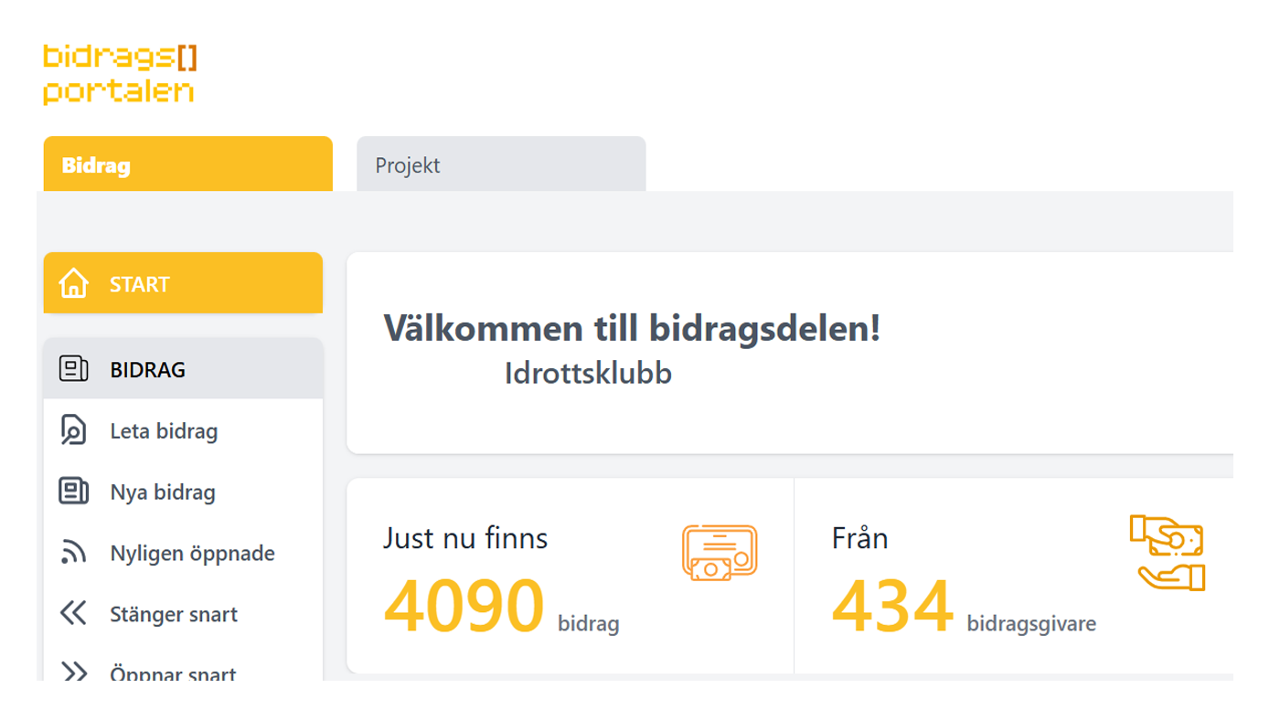 En bild som visar hur Civilsamhällesportalen ser ut när man loggat in