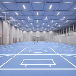 Sporthallen i anläggningen som ska byggas vid Backavallen. Visionsbild: D-Office