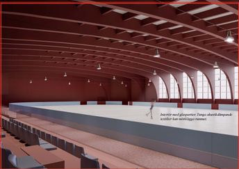 Fjällbo ishall särskilt anpassad efter konståkningens behov. En varm röd färg och stora förnster för ljusinl bäggarna. 