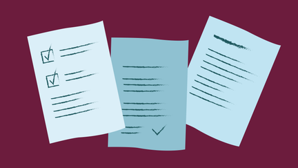 Illustration på tre papper med text och ibockade kryssrutor. 