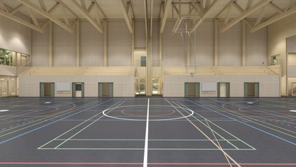 Sporthallen med ett neutralt färgat golv för att framhäva linjeringens färger.