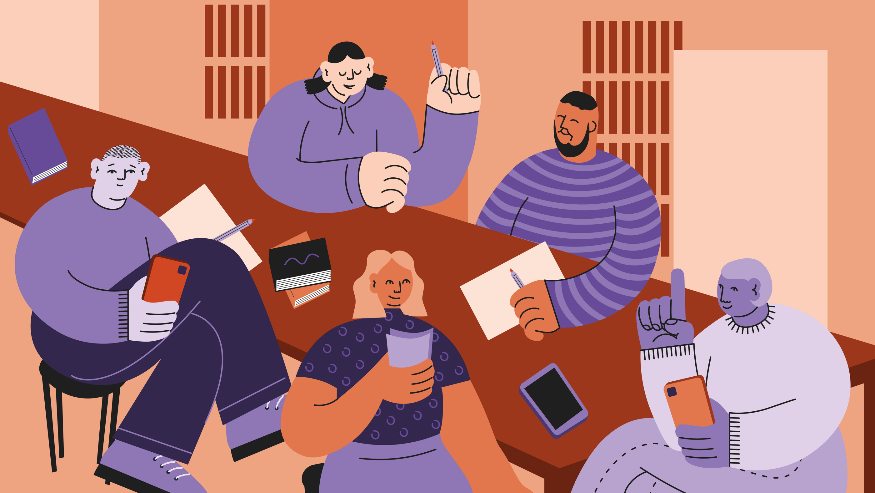 Illustration av fem personer runt ett bord, med telefoner, pennor och papper.